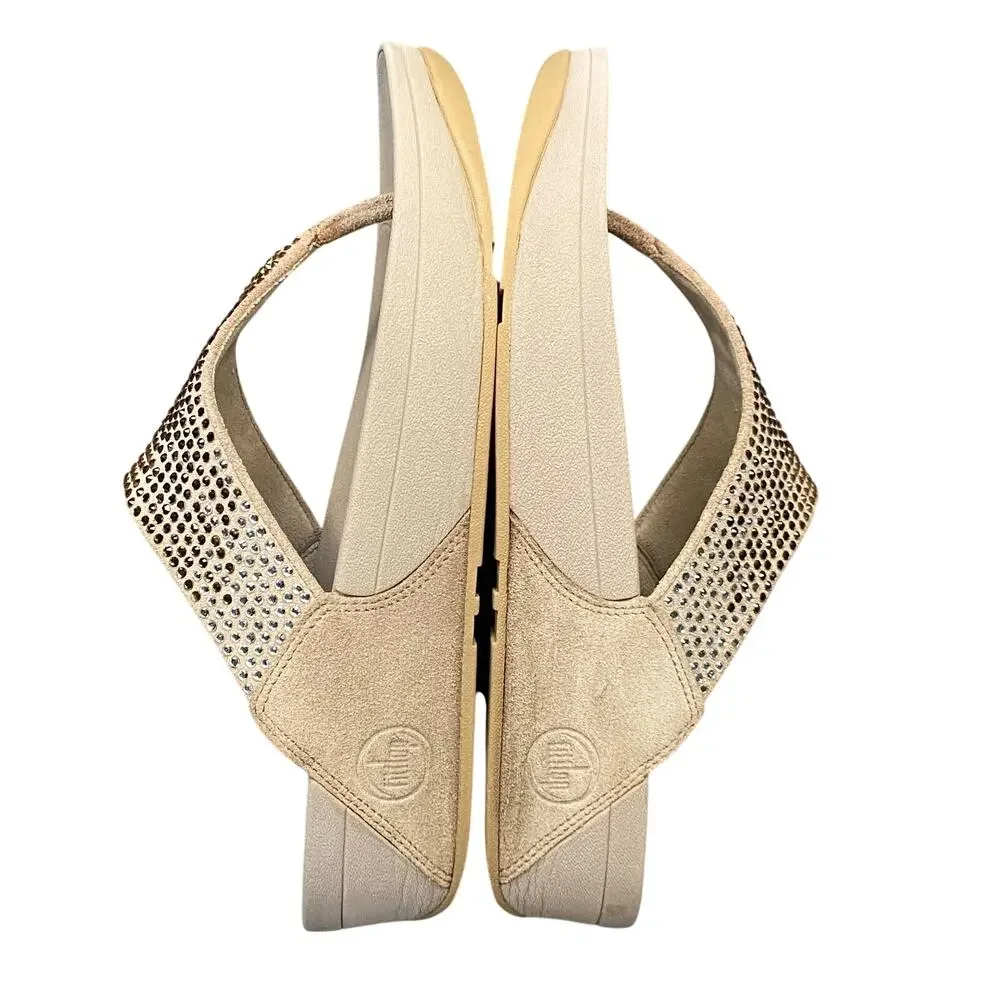 Fitflop Sandals Women Sz xx Brown Latte Rhinestone Slip-On Wedge Slides
